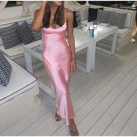 Sleeveless Satin Camis  Pink Long Dress - A.A.Y FASHION