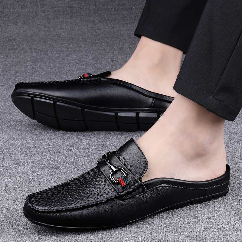 Black Leather Loafers Slip-on Mules Men - A.A.Y FASHION