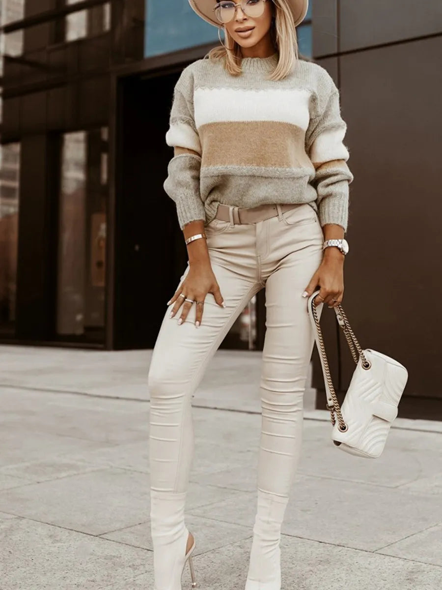 Women Knitted Pullover Long Sleeve Striped  Sweater, Yiwu Cujia Trade Co., Ltd