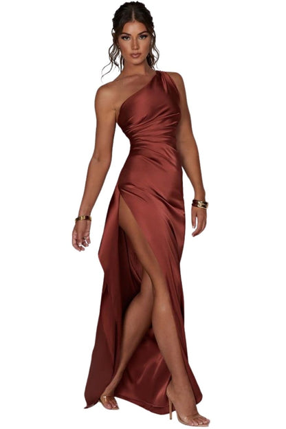 Women Satin Sleeveless Off Shoulder Split Evening Cocktail Long Dress