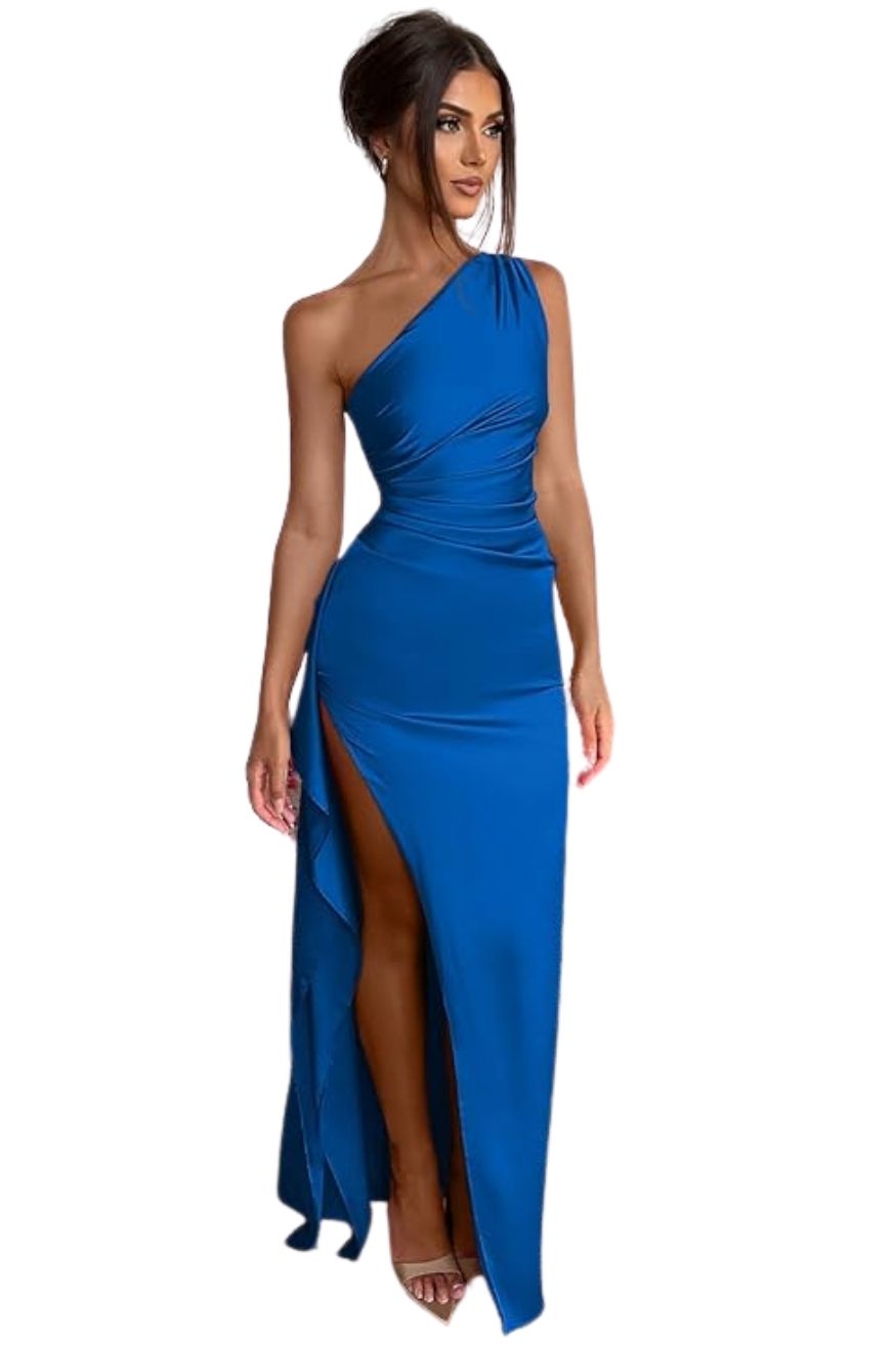 Women Satin Sleeveless Off Shoulder Split Evening Cocktail Long Dress