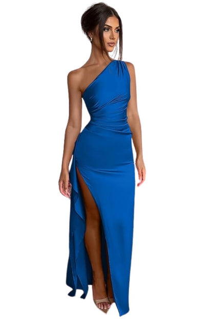 Women Satin Sleeveless Off Shoulder Split Evening Cocktail Long Dress