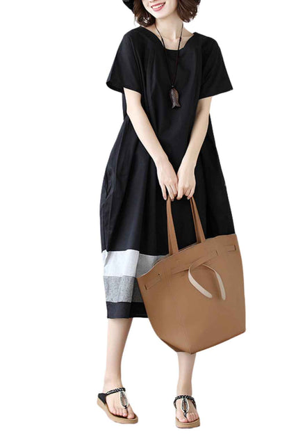 Women's Black Linen Short Sleeve Oversize Shift Dress - A.A.Y FASHION