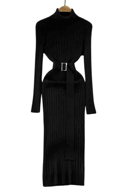 Women's Black Turtleneck Knitted Midi Dress - A.A.Y FASHION