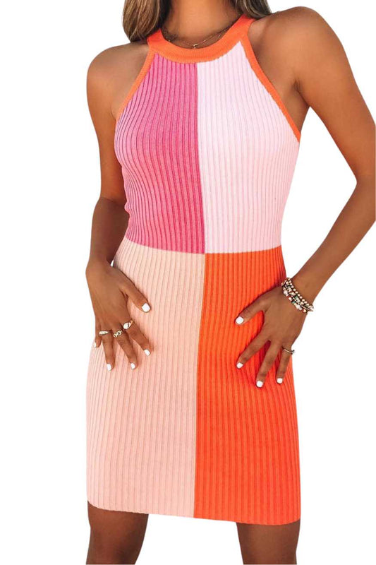 Women's Color Block Sleeveless  Crew Neck Dress at A.A.Y FASHION