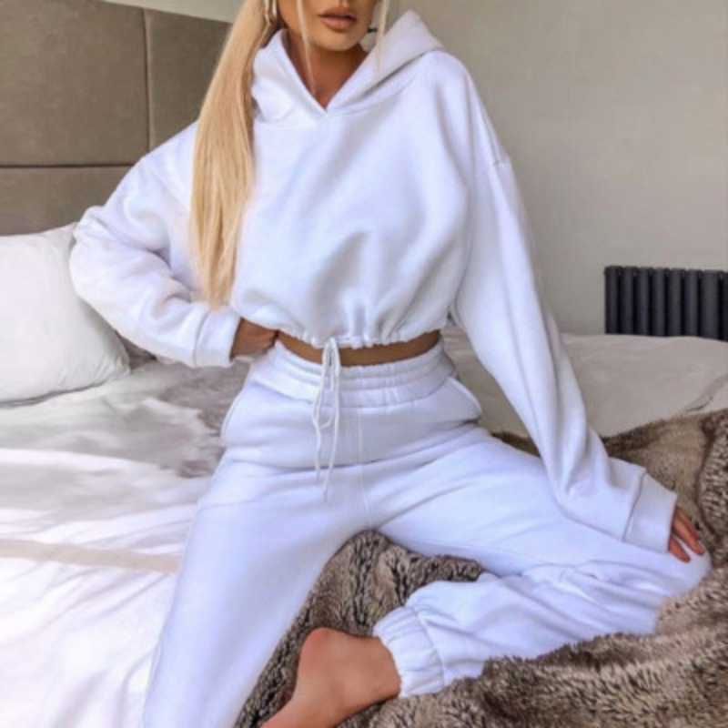 White  Crop Hoodie Jogger Pant Set  - A.A.Y FASHION