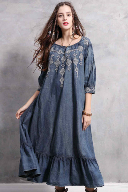 Women's Denim Long Dress Loose Embroidery Long Skirt - A.A.Y FASHION