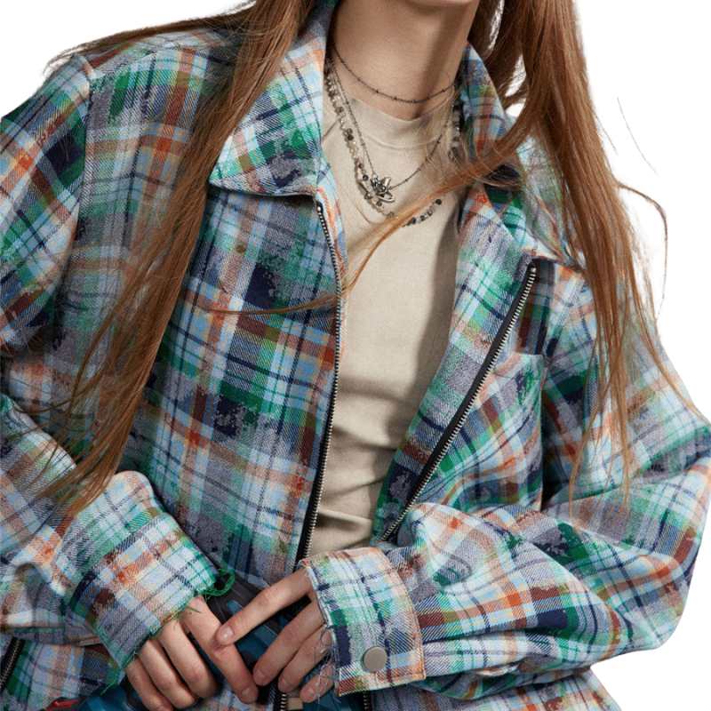 Women's Distressed Plaid Zipper Shirt Jacket -A.A.Y FASHION