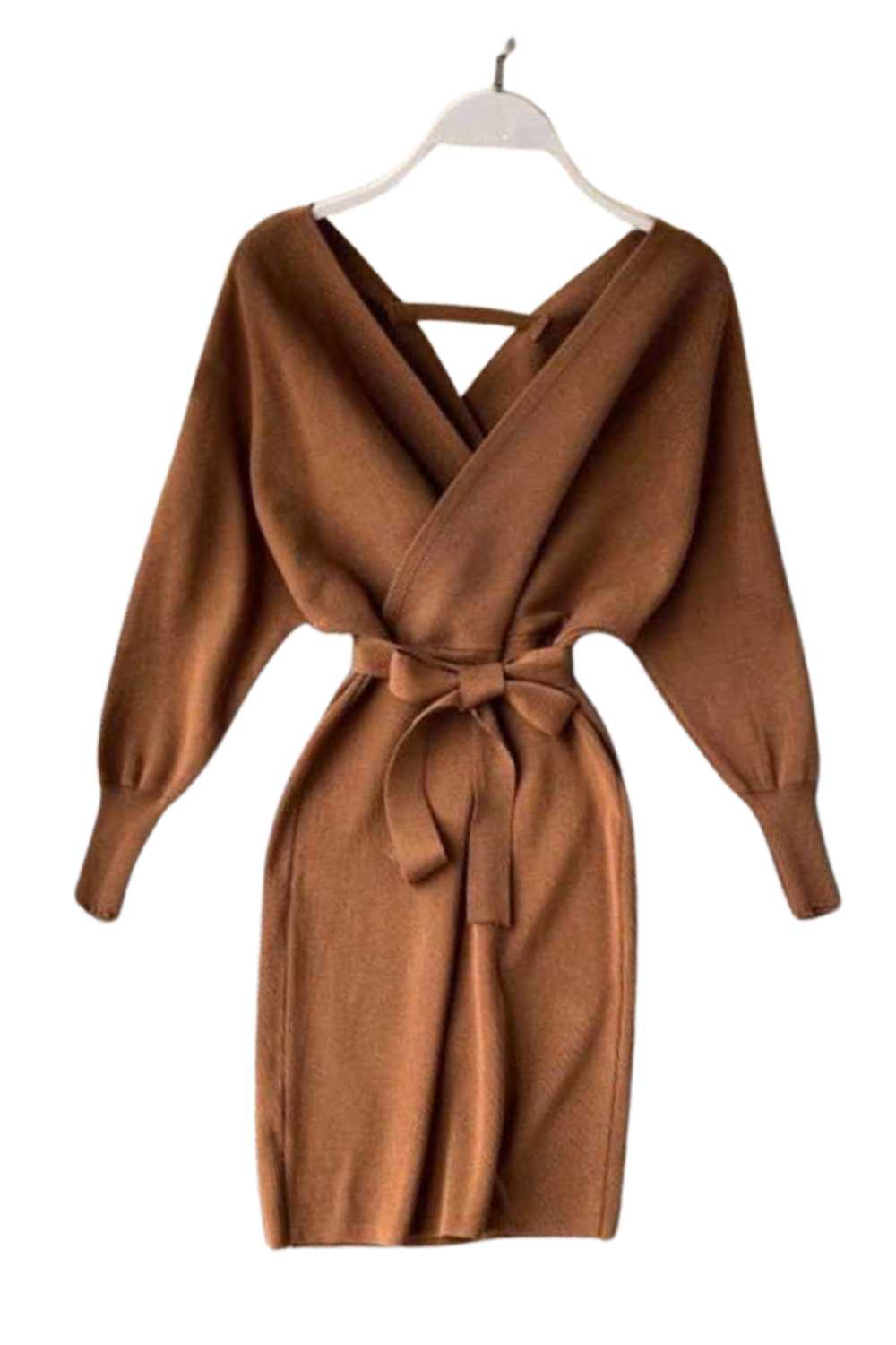 Knitted Wrap Dress - Coffee Brown - A.A.Y FASHION