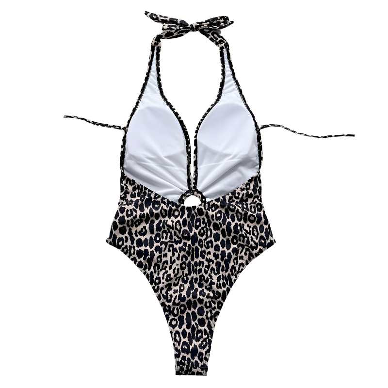 Leopard Deep V One-piece Halter Swimsuit - A.A.Y FASHION