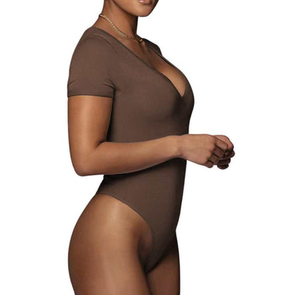 Women's Stretch Cotton Solid Color V-Neck Bodysuit - A.A.Y FASHION