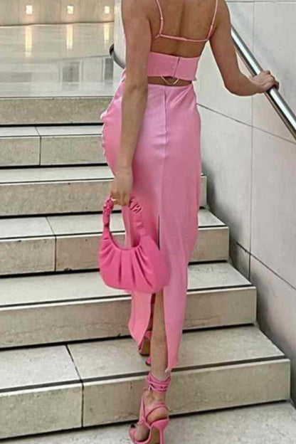 Women's Pink Sleeveless Satin Camis Long Dress - Elegant Backless Dress - A.A.Y FASHION