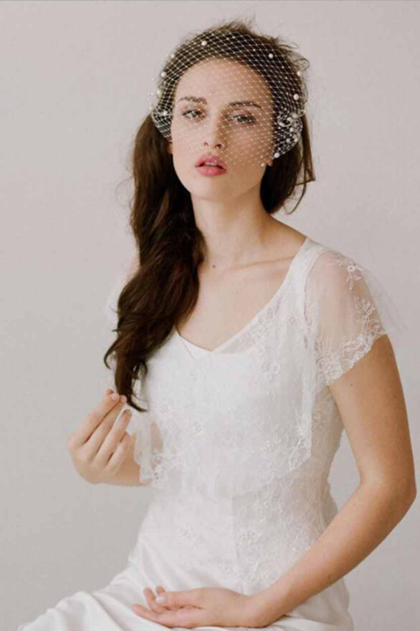 Women's Short Veil Pearl Embellished Brides Headpiece - A.A.Y FASHION