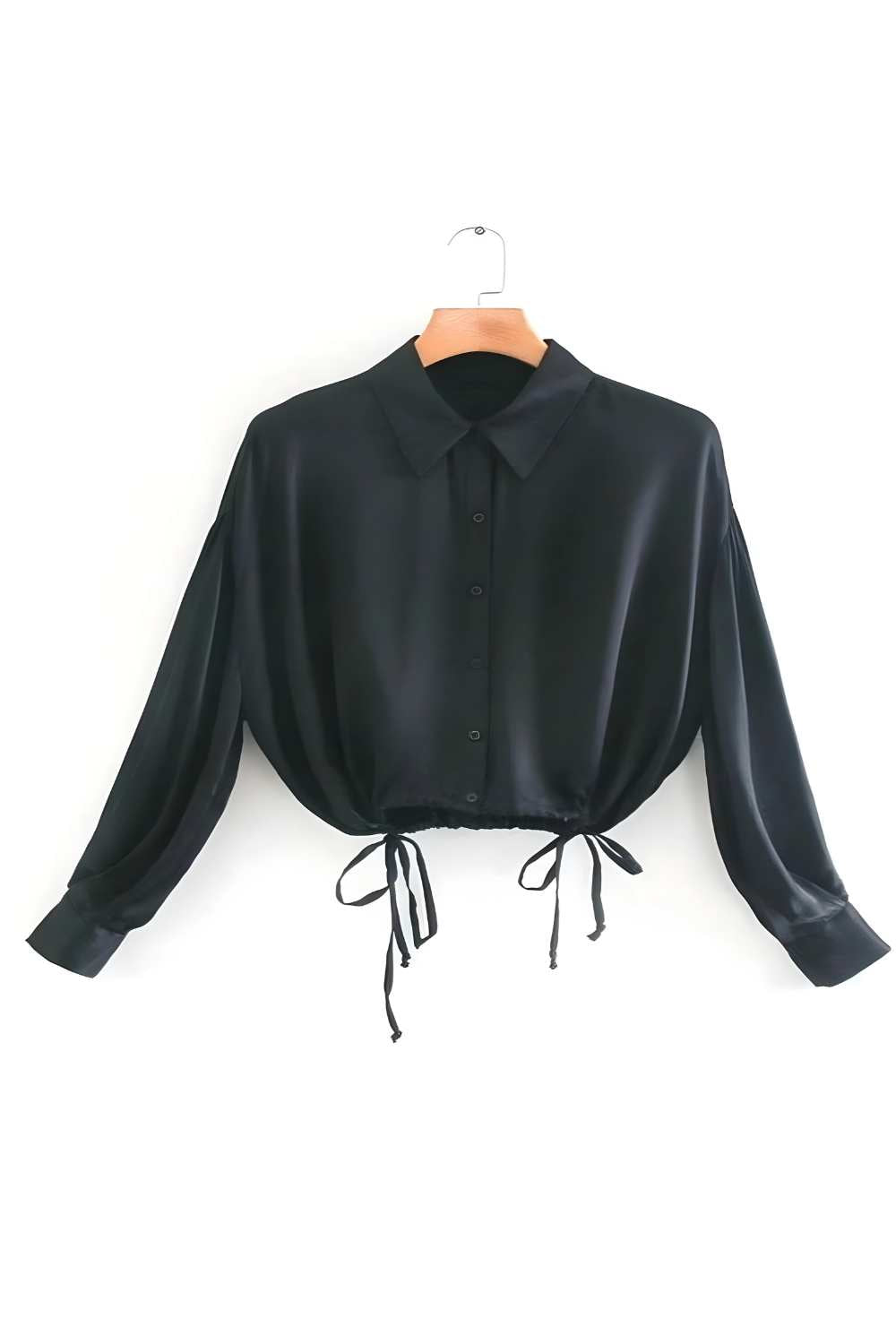 Silk Blouse Drape Shirt - Black Long Sleeve Shirt - Women's - A.A.Y FASHION