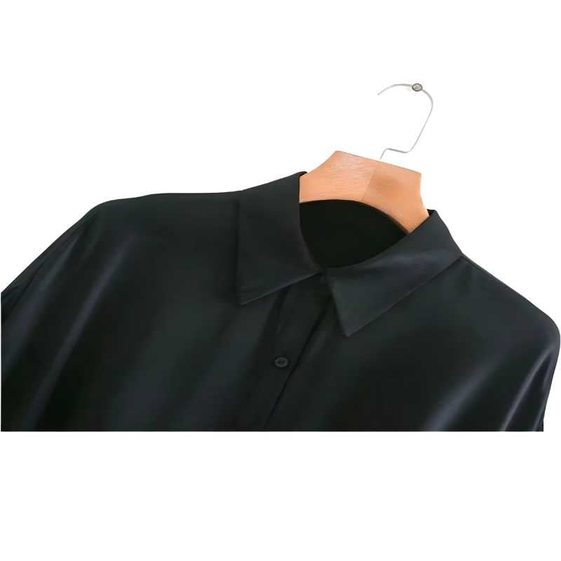 Silk Blouse Drape Shirt - Black Long Sleeve Shirt - Women's - A.A.Y FASHION