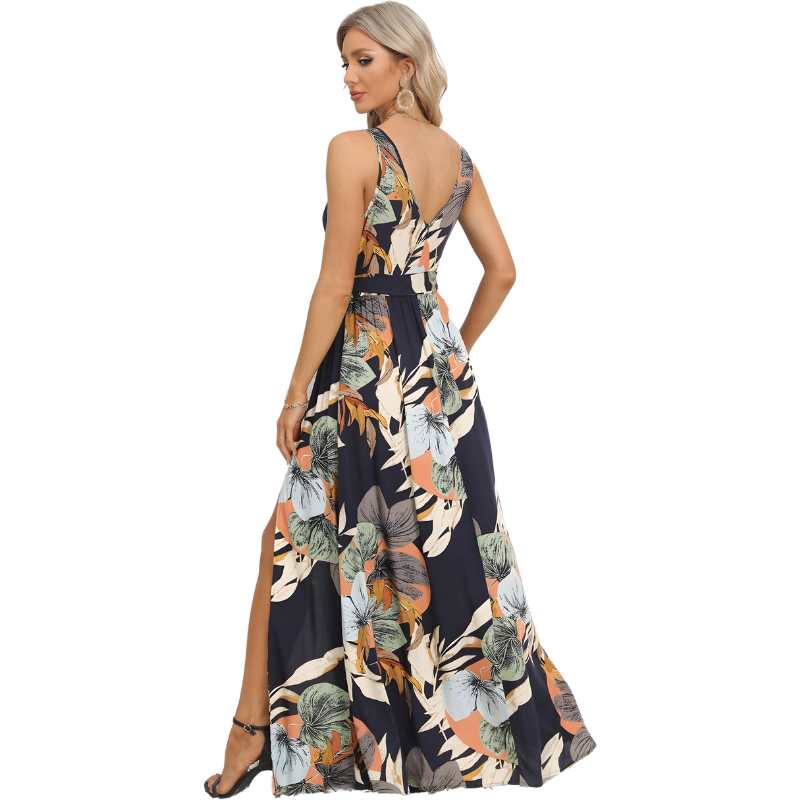 Women's Sleeveless V-neck Floral Print Long Dress - A.A.Y FASHION