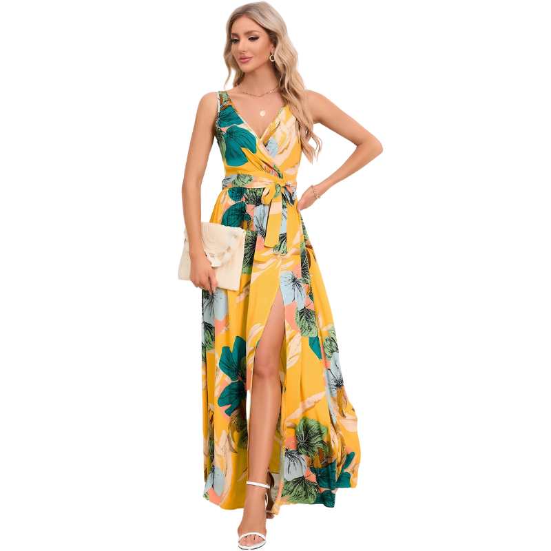 Women's Sleeveless V-neck Floral Print Long Dress - A.A.Y FASHION