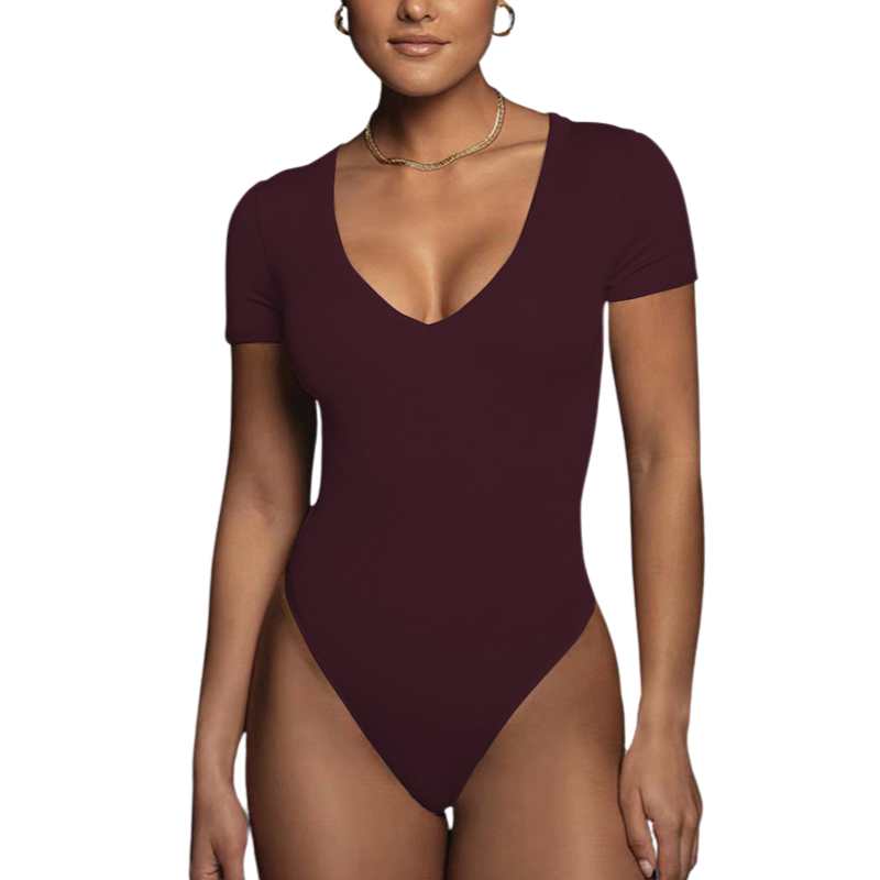 Women's Stretch Cotton Solid Color V-Neck Bodysuit - A.A.Y FASHION