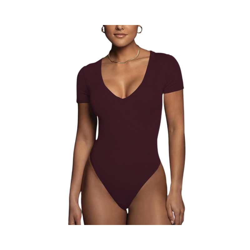 Women's Stretch Cotton Solid Color V-Neck Bodysuit - A.A.Y FASHION