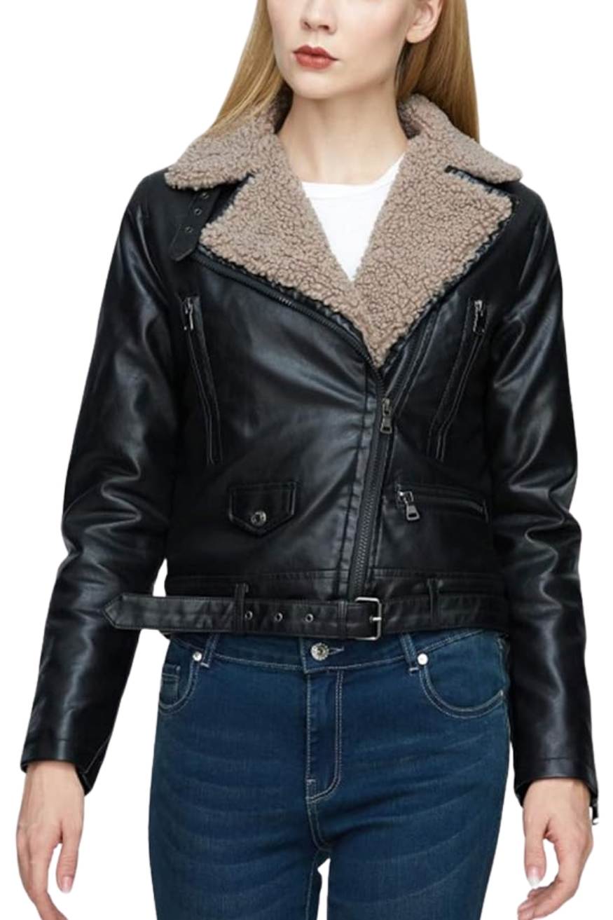Women's Faux Leather Sherpa Lined Motorcycle Jacket Sheepskin Aviator Coat, Yiwu Cujia Trade Co., Ltd