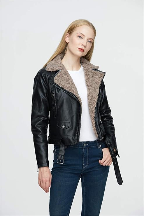 Women's Faux Leather Sherpa Lined Motorcycle Jacket Sheepskin Aviator Coat, Yiwu Cujia Trade Co., Ltd