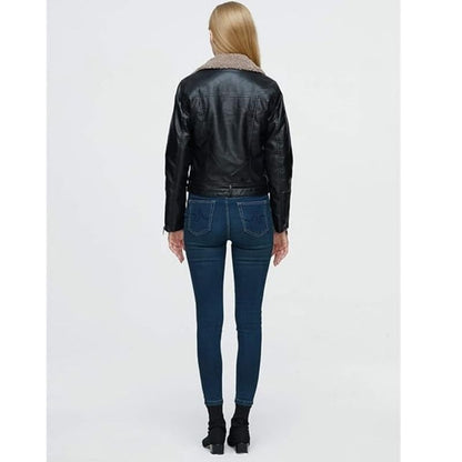Women's Faux Leather Sherpa Lined Motorcycle Jacket Sheepskin Aviator Coat, Yiwu Cujia Trade Co., Ltd