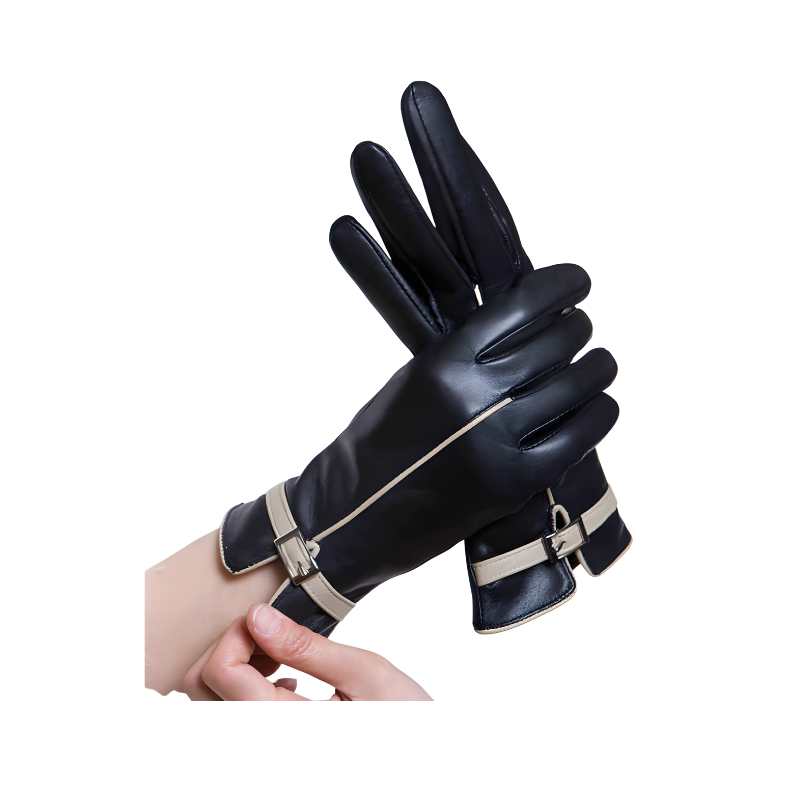 Ladies Leather Gloves - Black - Stripes - Sheepskin - Keep Warm - A.A.Y FASHION