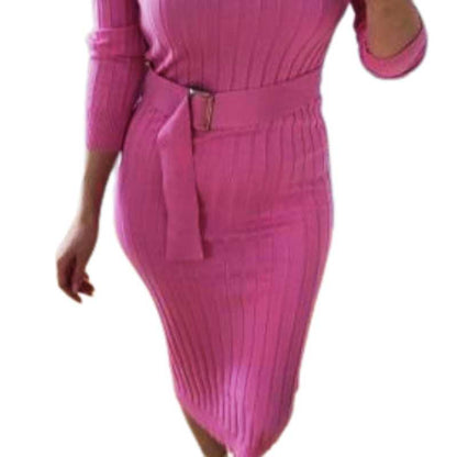 Women's pink Turtleneck Knitted Dress Long Sleeve Slim Solid Elastic Women's Midi Dresses - A.A.Y FASHION