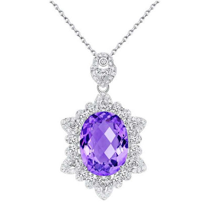 Womens Natural Amethyst Necklace in 925 Sterling Silver - Elegant - Silver/Purple - A.A.Y FASHION