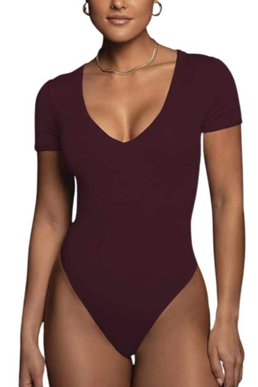 Womens V-Neck Bodysuit Wine Red