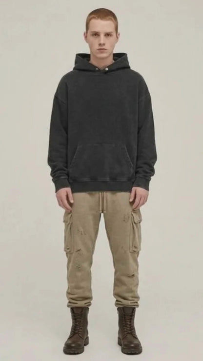 A.A.Y CORE Men’s Heavyweight Distressed Hoodie – Black Acid‑Washed Pullover, PODpartner